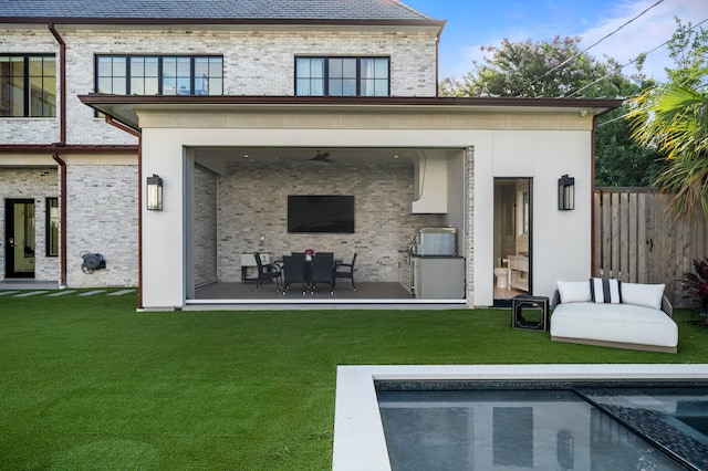 3649 Chevy Chase Dr, Houston, TX 77019 - rear view of property featuring brick siding, a pool with connected hot tub, and a patio area
