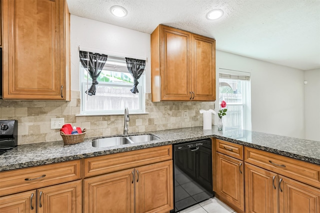 11611 Old Telegraph Rd, Houston, TX 77067 - kitchen with dishwasher, dark stone countertops, brown cabinets, backsplash, and a textured ceiling
