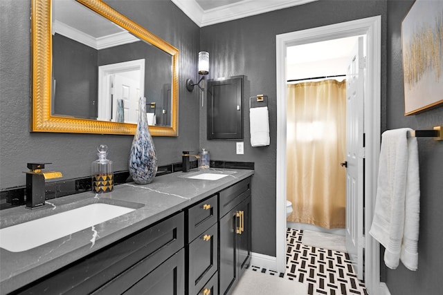 3829 Evergreen Way, Montgomery, TX 77356 - bathroom with double vanity, ornamental molding, and curtained shower