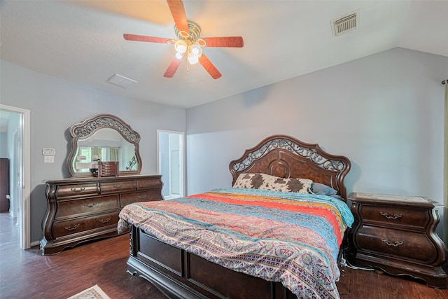 16410 Great Frst, Humble, TX 77346 - bedroom with dark wood-type flooring, lofted ceiling, and a ceiling fan