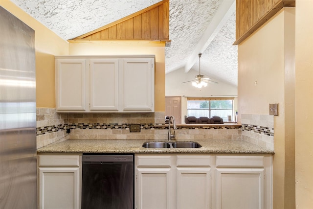 40 Crestbriar Ct, Baytown, TX 77521 - kitchen with dishwasher, a textured ceiling, backsplash, a ceiling fan, and light stone counters