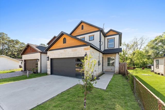 7407 Cora St, Houston, TX 77088 - contemporary house with an attached garage, driveway, and stone siding