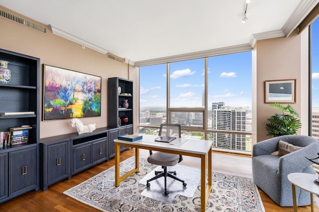 5100 San Felipe St Unit 353, Houston, TX 77056 - office area with ornamental molding, wood finished floors, expansive windows, rail lighting, and a view of city