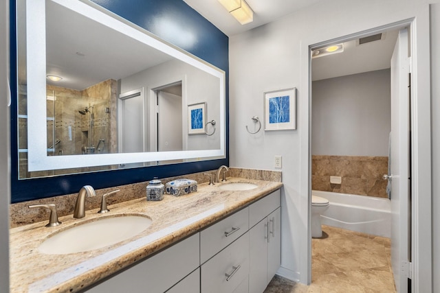 5100 San Felipe St Unit 353, Houston, TX 77056 - bathroom with a shower stall, double vanity, a bath, and tile patterned flooring