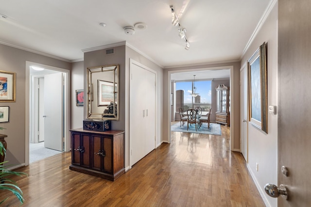 5100 San Felipe St Unit 353, Houston, TX 77056 - corridor featuring wood finished floors, ornamental molding, and track lighting