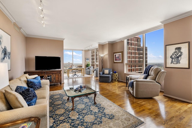 5100 San Felipe St Unit 353, Houston, TX 77056 - living room with rail lighting, a wall of windows, ornamental molding, and wood finished floors