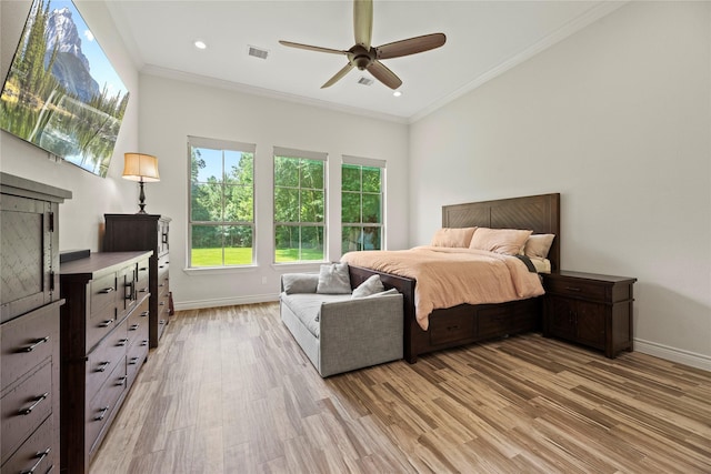 25010 Butler Hill Ct, Tomball, TX 77375 - bedroom featuring light wood finished floors, ornamental molding, recessed lighting, and a ceiling fan
