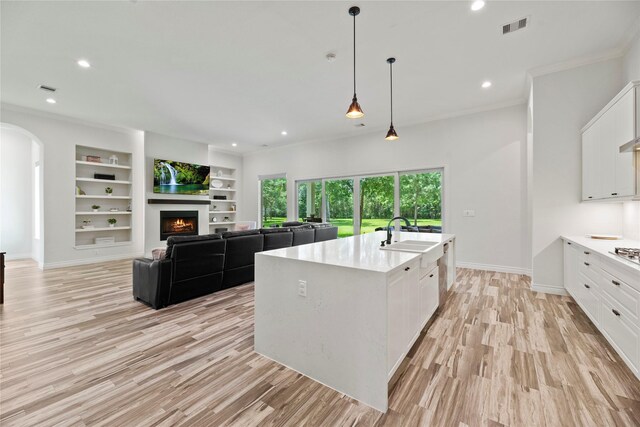25010 Butler Hill Ct, Tomball, TX 77375 - kitchen with white cabinetry, a lit fireplace, light wood finished floors, light countertops, and recessed lighting