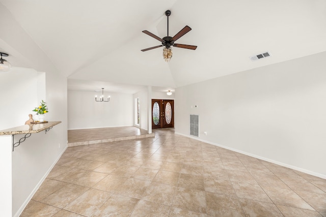 6114 Elkwood Forest Dr, Houston, TX 77088 - unfurnished living room with high vaulted ceiling, a chandelier, light tile patterned flooring, and a ceiling fan