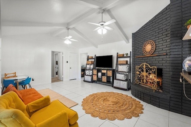 431 Shadow Creek Dr, El Lago, TX 77586 - tiled living room with a fireplace and ceiling fan