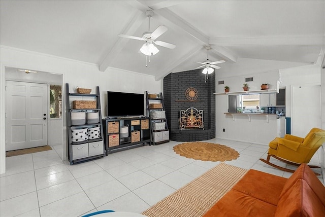 431 Shadow Creek Dr, El Lago, TX 77586 - living room featuring light tile patterned floors, ceiling fan, and a brick fireplace
