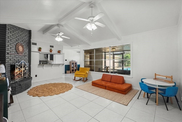 431 Shadow Creek Dr, El Lago, TX 77586 - living area featuring light tile patterned floors, a fireplace, and ceiling fan