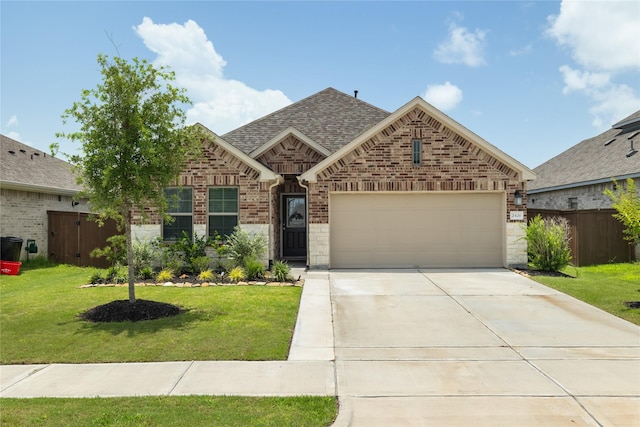 2426 Gentle Breeze Ln, Baytown, TX 77523 - french country home with brick siding, a garage, concrete driveway, and a shingled roof