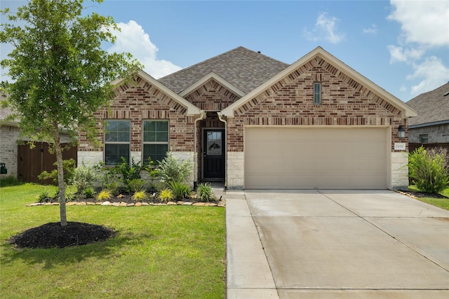 2426 Gentle Breeze Ln, Baytown, TX 77523 - french country home with brick siding, a garage, driveway, and a front yard