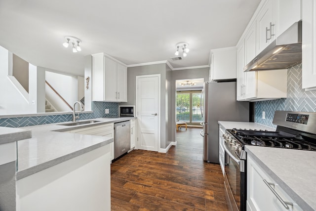3282 Bend Cove Ct, League City, TX 77573 - kitchen featuring stainless steel appliances, range hood, white cabinetry, tasteful backsplash, and crown molding
