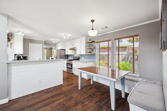 3282 Bend Cove Ct, League City, TX 77573 - kitchen with appliances with stainless steel finishes, open shelves, decorative backsplash, white cabinetry, and dark wood-style floors