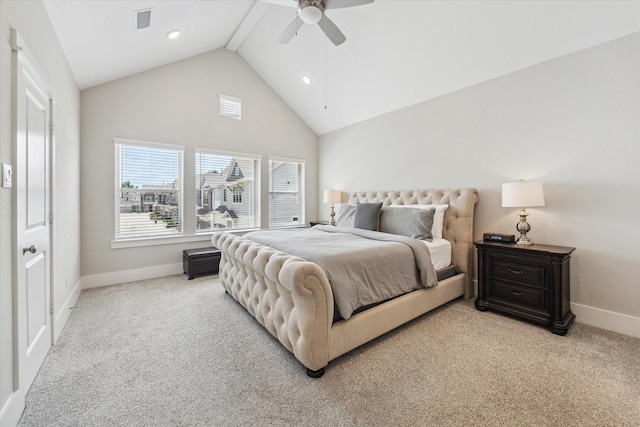 1507 Biondo Way, Houston, TX 77008 - bedroom featuring carpet flooring, high vaulted ceiling, ceiling fan, and recessed lighting