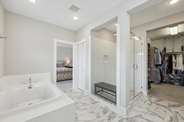 1507 Biondo Way, Houston, TX 77008 - ensuite bathroom featuring marble finish flooring, a bath, a shower stall, a spacious closet, and recessed lighting