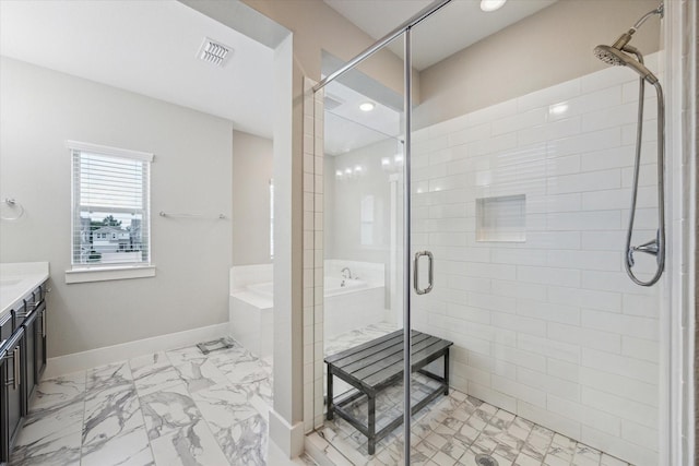 1507 Biondo Way, Houston, TX 77008 - bathroom featuring a shower stall, vanity, a bath, marble finish flooring, and recessed lighting