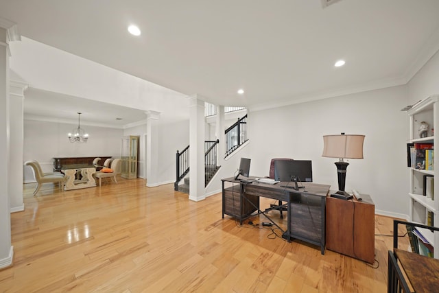 14210 Northface Manor Ct, Cypress, TX 77429 - office area featuring ornate columns, light wood finished floors, recessed lighting, crown molding, and a chandelier