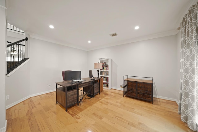 14210 Northface Manor Ct, Cypress, TX 77429 - office area with light wood finished floors, crown molding, and recessed lighting