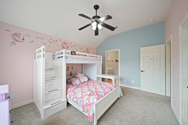 14210 Northface Manor Ct, Cypress, TX 77429 - bedroom with lofted ceiling, carpet, a ceiling fan, and connected bathroom