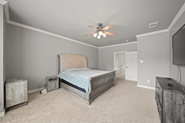 14210 Northface Manor Ct, Cypress, TX 77429 - bedroom featuring light colored carpet, crown molding, and a ceiling fan