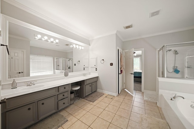 14210 Northface Manor Ct, Cypress, TX 77429 - bathroom with double vanity, a garden tub, a shower stall, ensuite bath, and crown molding