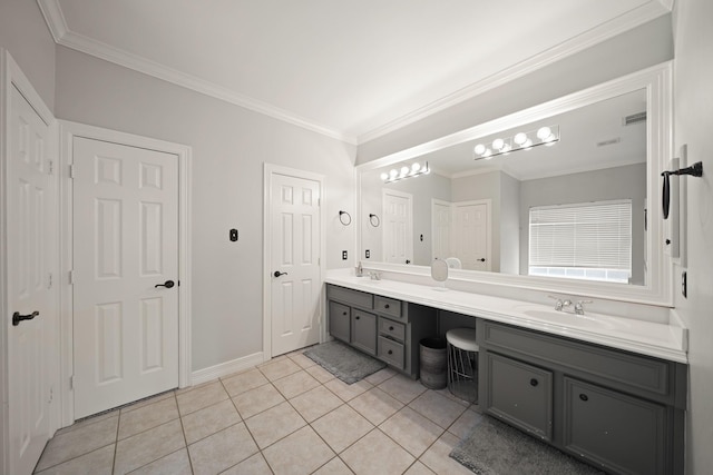 14210 Northface Manor Ct, Cypress, TX 77429 - full bath featuring double vanity, tile patterned flooring, and ornamental molding