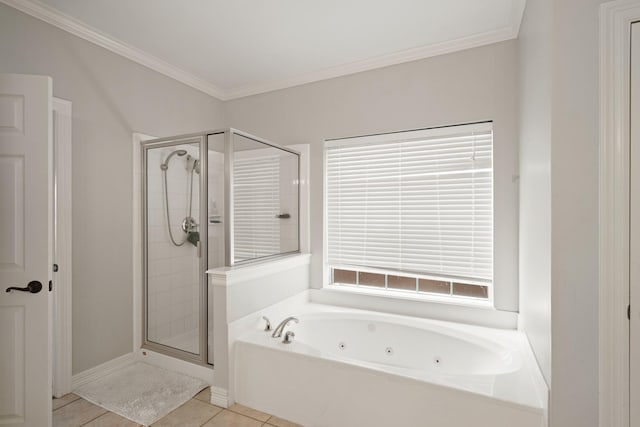 14210 Northface Manor Ct, Cypress, TX 77429 - bathroom with a shower stall, a tub with jets, tile patterned floors, and crown molding