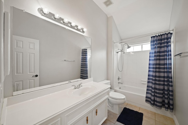 14210 Northface Manor Ct, Cypress, TX 77429 - bathroom featuring vanity, tile patterned floors, shower / tub combo, and lofted ceiling