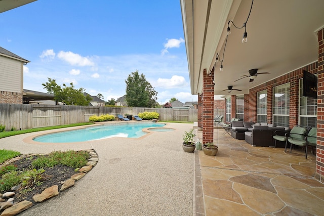 14210 Northface Manor Ct, Cypress, TX 77429 - view of pool with outdoor lounge area, a fenced backyard, a patio, and ceiling fan