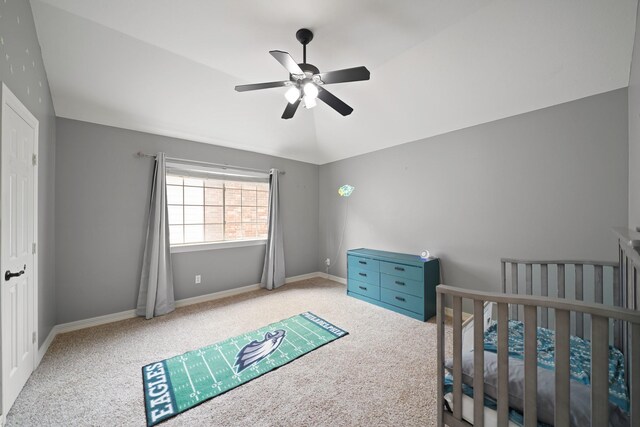 14210 Northface Manor Ct, Cypress, TX 77429 - bedroom with carpet floors, vaulted ceiling, and a ceiling fan