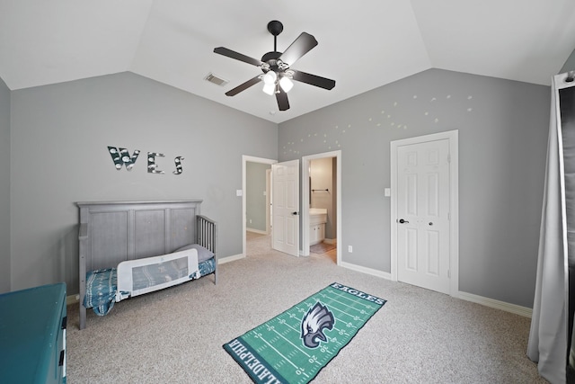 14210 Northface Manor Ct, Cypress, TX 77429 - unfurnished bedroom featuring vaulted ceiling, carpet, a ceiling fan, and connected bathroom