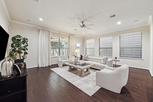 831 W 26th St, Houston, TX 77008 - living area featuring a ceiling fan, dark wood finished floors, crown molding, and recessed lighting