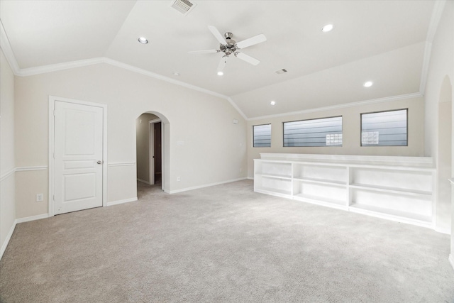 831 W 26th St, Houston, TX 77008 - additional living space with arched walkways, lofted ceiling, a ceiling fan, carpet flooring, and recessed lighting