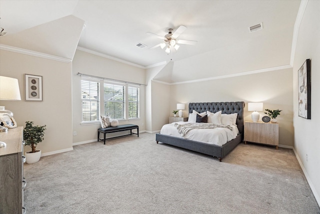 831 W 26th St, Houston, TX 77008 - carpeted bedroom featuring vaulted ceiling, ornamental molding, and ceiling fan