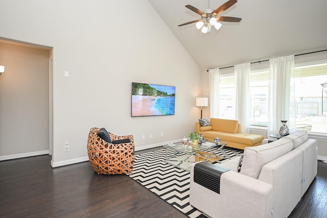 24311 Orley Island Ct, Katy, TX 77493 - living room with dark wood-style floors, high vaulted ceiling, and a ceiling fan