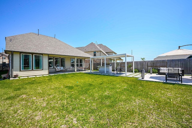 24311 Orley Island Ct, Katy, TX 77493 - rear view of property with an outdoor hangout area, a patio, a fenced backyard, and roof with shingles