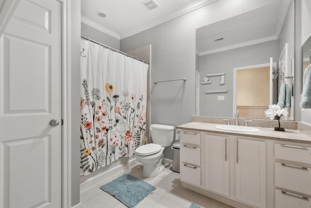 3001 Murworth Dr Unit 1606, Houston, TX 77025 - bathroom with vanity, crown molding, tile patterned flooring, and a shower with shower curtain
