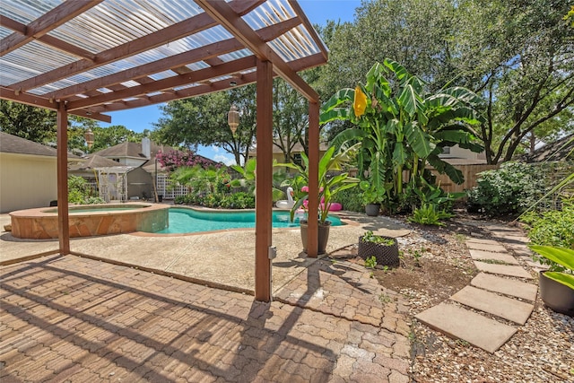 7943 Scenic Canyon Ln, Houston, TX 77095 - view of swimming pool with a fenced backyard, a pergola, a shed, a patio area, and a pool with connected hot tub