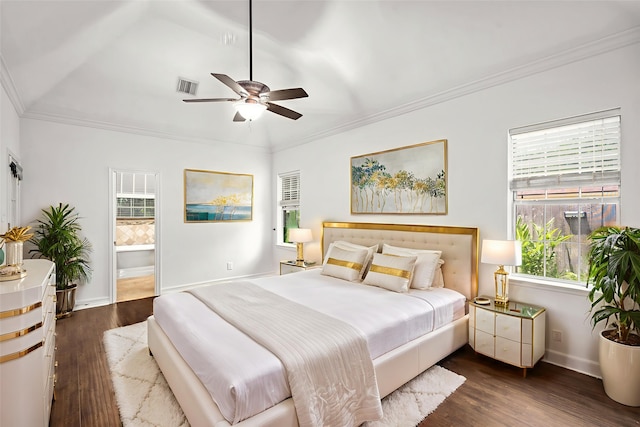 7943 Scenic Canyon Ln, Houston, TX 77095 - bedroom featuring wood finished floors, crown molding, ensuite bath, and ceiling fan