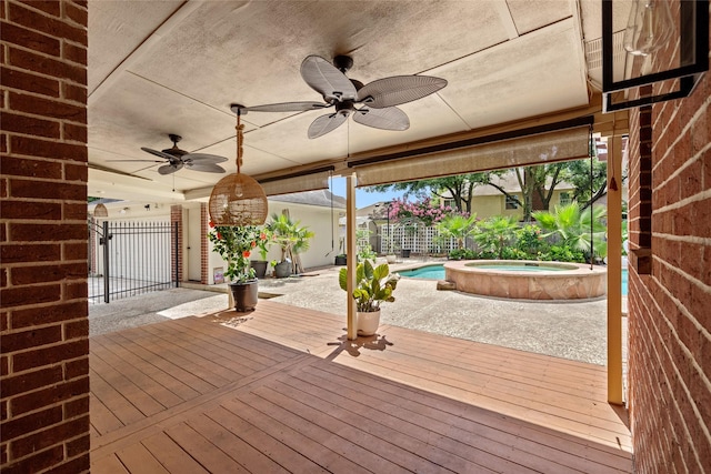 7943 Scenic Canyon Ln, Houston, TX 77095 - wooden terrace featuring a ceiling fan and a pool with connected hot tub