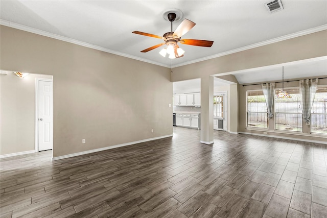 110 Rustling Wind Dr, Montgomery, TX 77356 - unfurnished living room with ceiling fan, dark wood finished floors, and ornamental molding