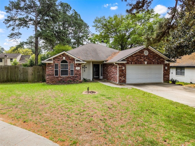 110 Rustling Wind Dr, Montgomery, TX 77356 - ranch-style house with an attached garage, concrete driveway, brick siding, roof with shingles, and a chimney