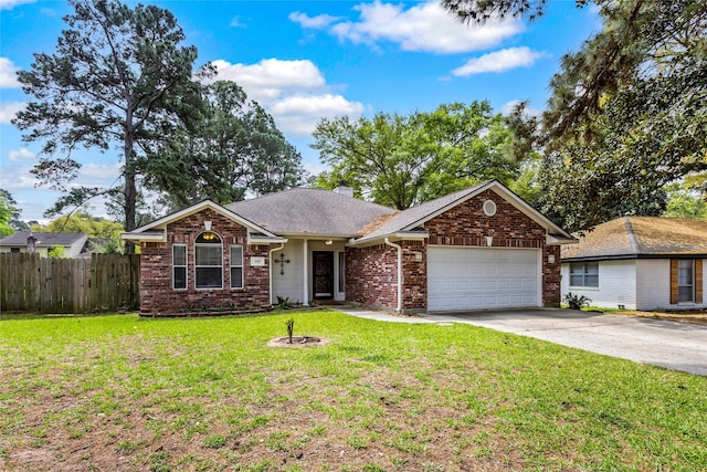 110 Rustling Wind Dr, Montgomery, TX 77356 - single story home featuring an attached garage, brick siding, driveway, a chimney, and roof with shingles