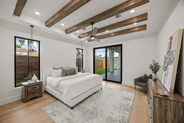 431 W 30th St, Houston, TX 77018 - bedroom with access to exterior, light wood-style flooring, beamed ceiling, recessed lighting, and a ceiling fan