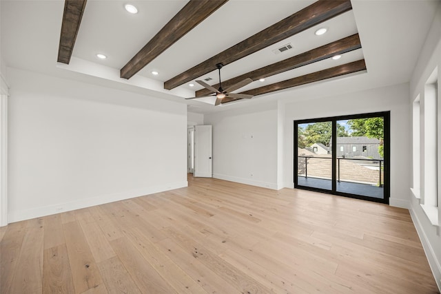431 W 30th St, Houston, TX 77018 - unfurnished room featuring light wood finished floors, beamed ceiling, a ceiling fan, and recessed lighting