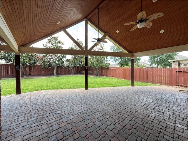 4327 Estes Ridge Ln, Katy, TX 77493 - fenced backyard with a ceiling fan and a patio area