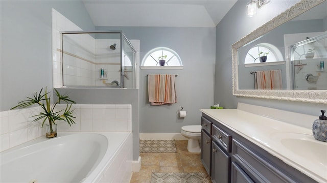 1309 Bayswater Dr, Houston, TX 77047 - full bath with a bath, a shower stall, vanity, tile patterned flooring, and vaulted ceiling